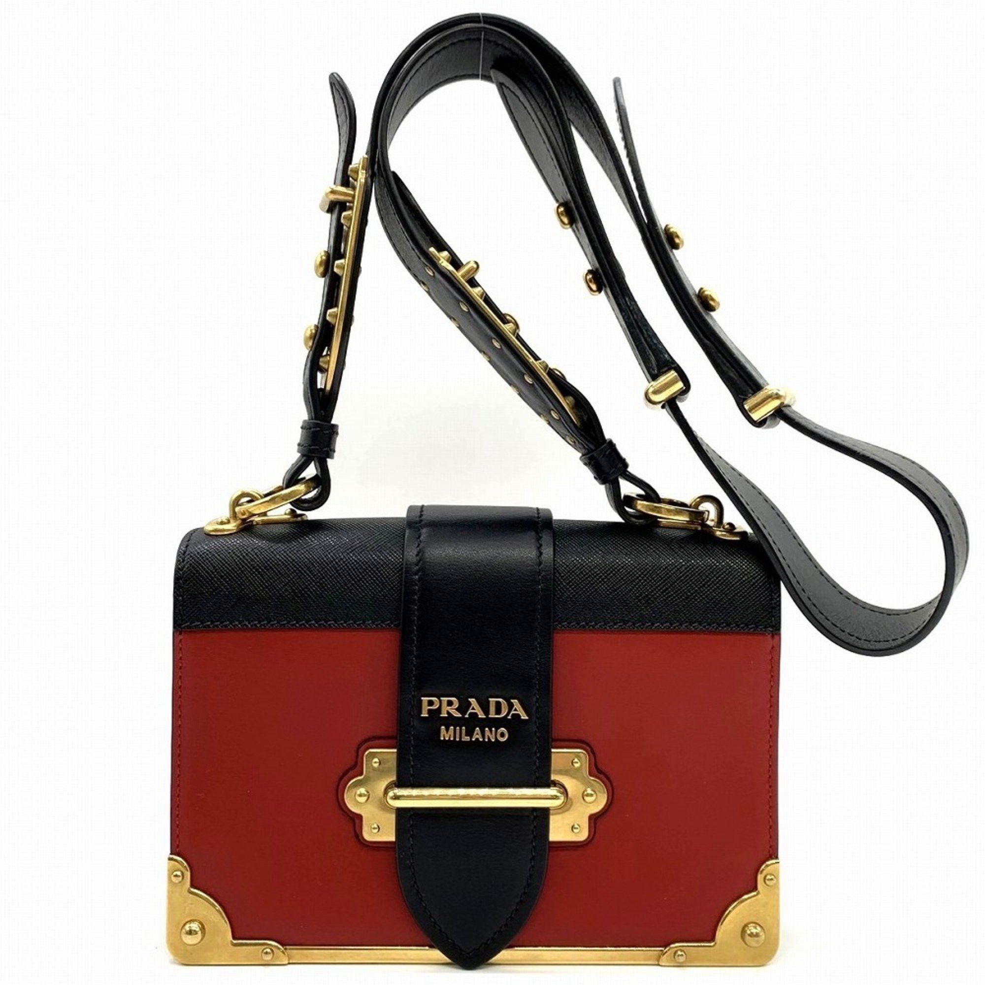 Prada Cahier Mini Shoulder Bag Saffiano Leather Red/black/gold Red/black Women's