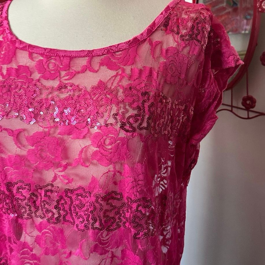 Other almost famous hot pink sequin floral lace short sleeve shirt Size XL / US 12-14 / IT 48-50 - 2 Thumbnail