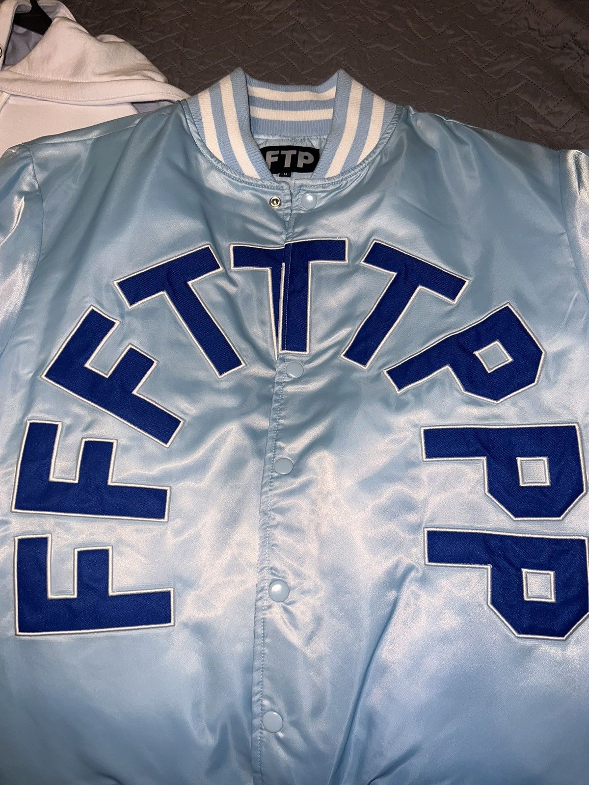 image of Fuck The Population Ftp Varsity Jacket - Baby Blue, Men's (Size Medium)