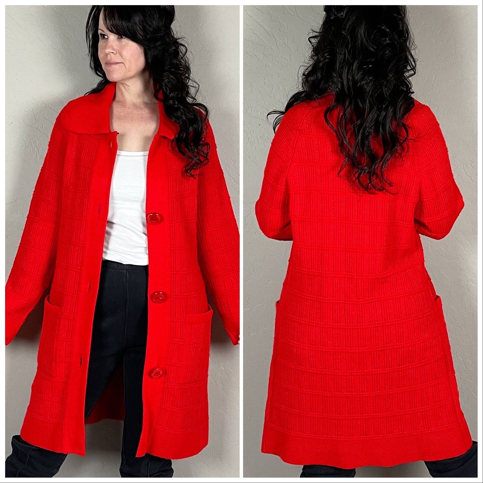 Vintage Vintage 1970s Red Chunky Knit Duster Cardigan Sweater Size M / US 6-8 / IT 42-44 - 3 Thumbnail