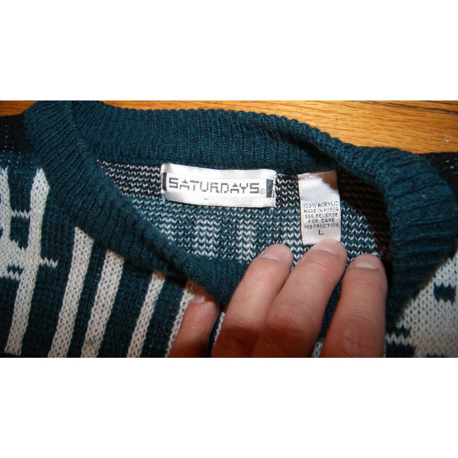 Vintage VTG Sweater Men L Teal Black Ivory Crewneck Geometric Modern Size US L / EU 52-54 / 3 - 3 Thumbnail