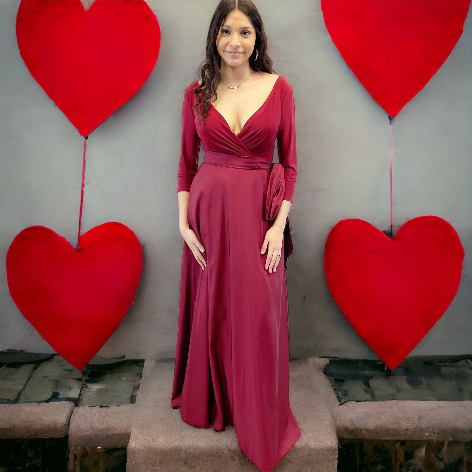 image of New Alfred Sung Womens 4 Jersey Mikado Gown Burgundy (Size Small)