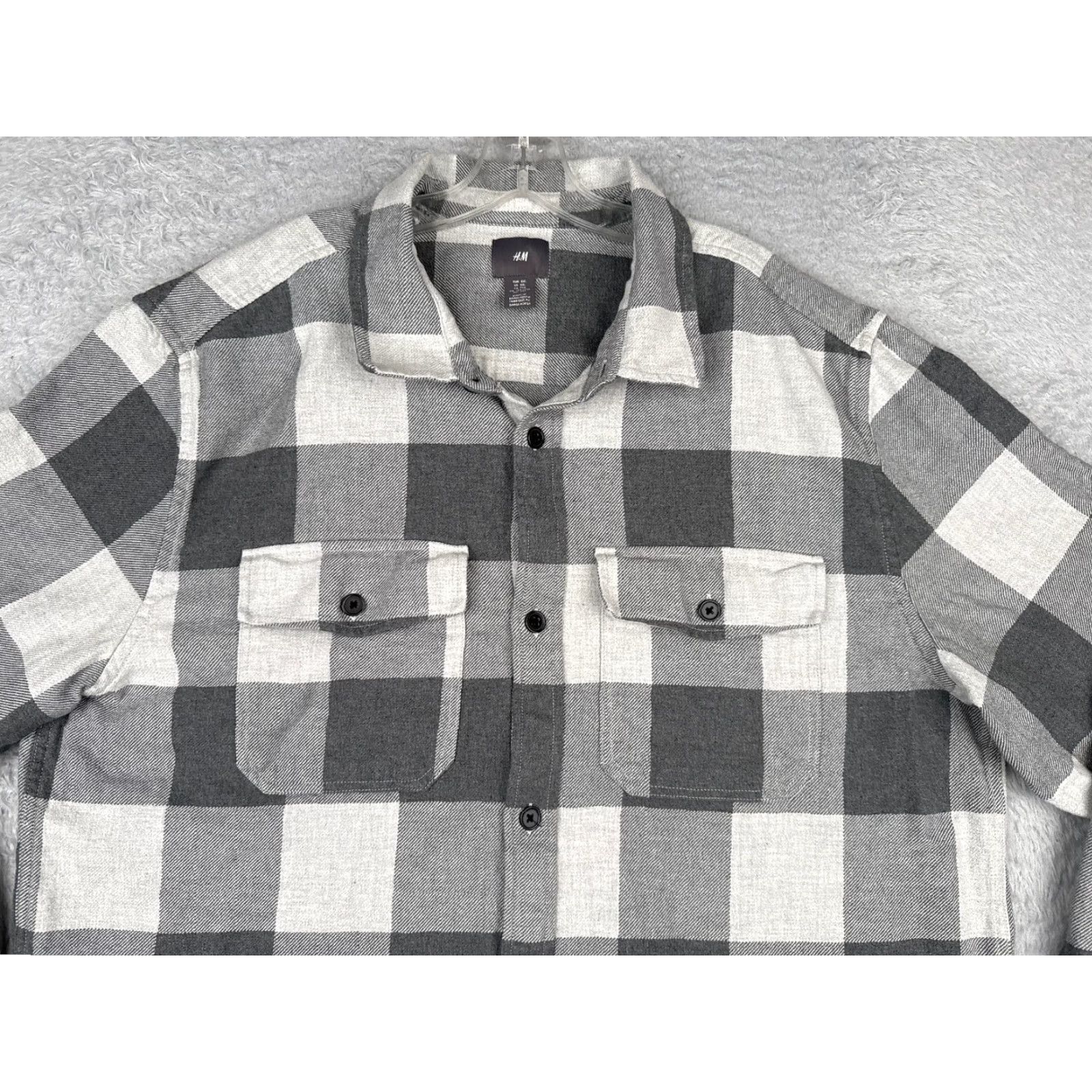 H&M H&M Shirt Men 2XL Gray White Plaid Flannel Button-Up Pockets Wool Blend Casual Workwear Mid Weight 3-Pocket Button Up Mens Size US XXL / EU 58 / 5 - 4 Thumbnail