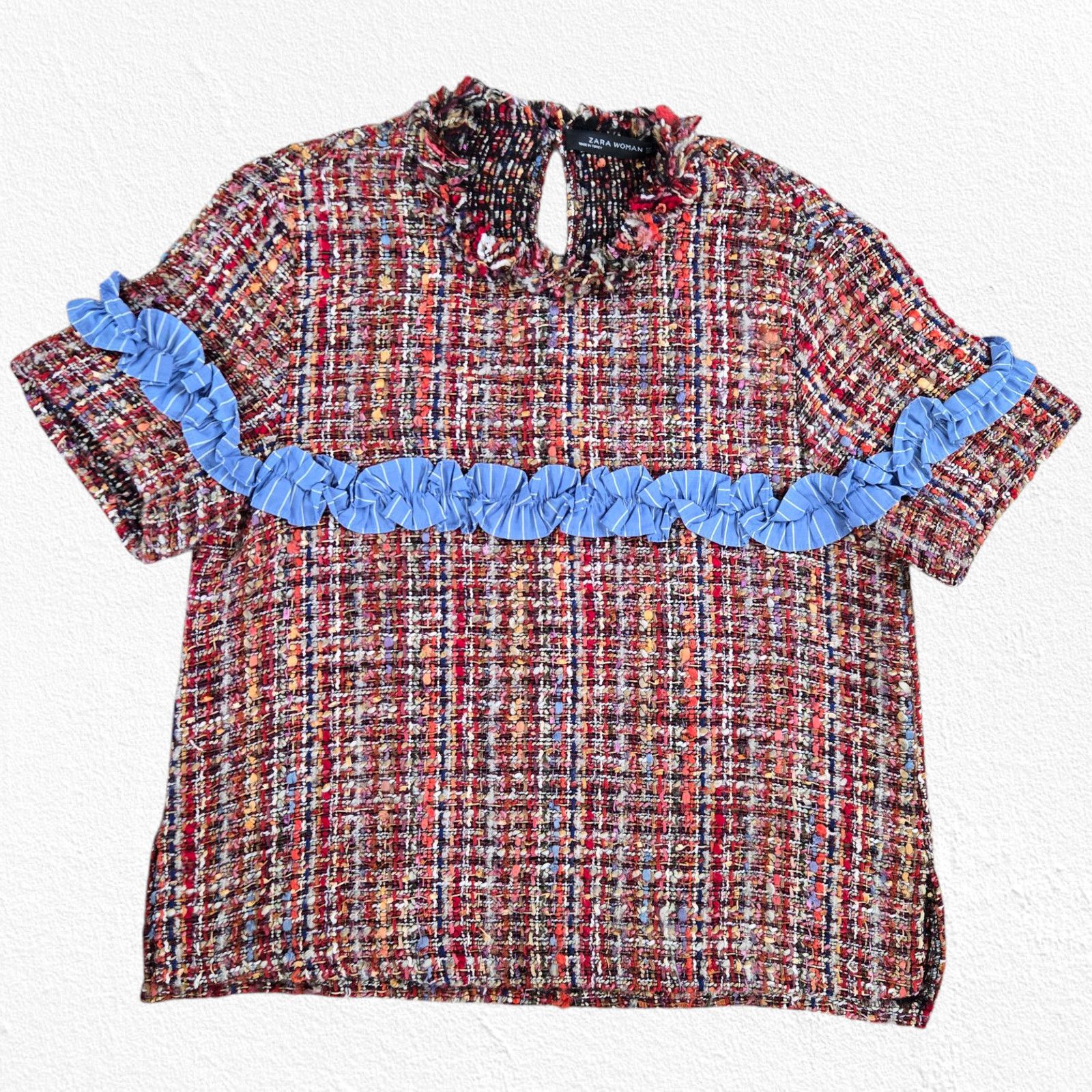 Zara Zara Multicolor Tweed Blue Ruffle Trim Blouse Size Small Size S / US 4 / IT 40 - 2 Thumbnail