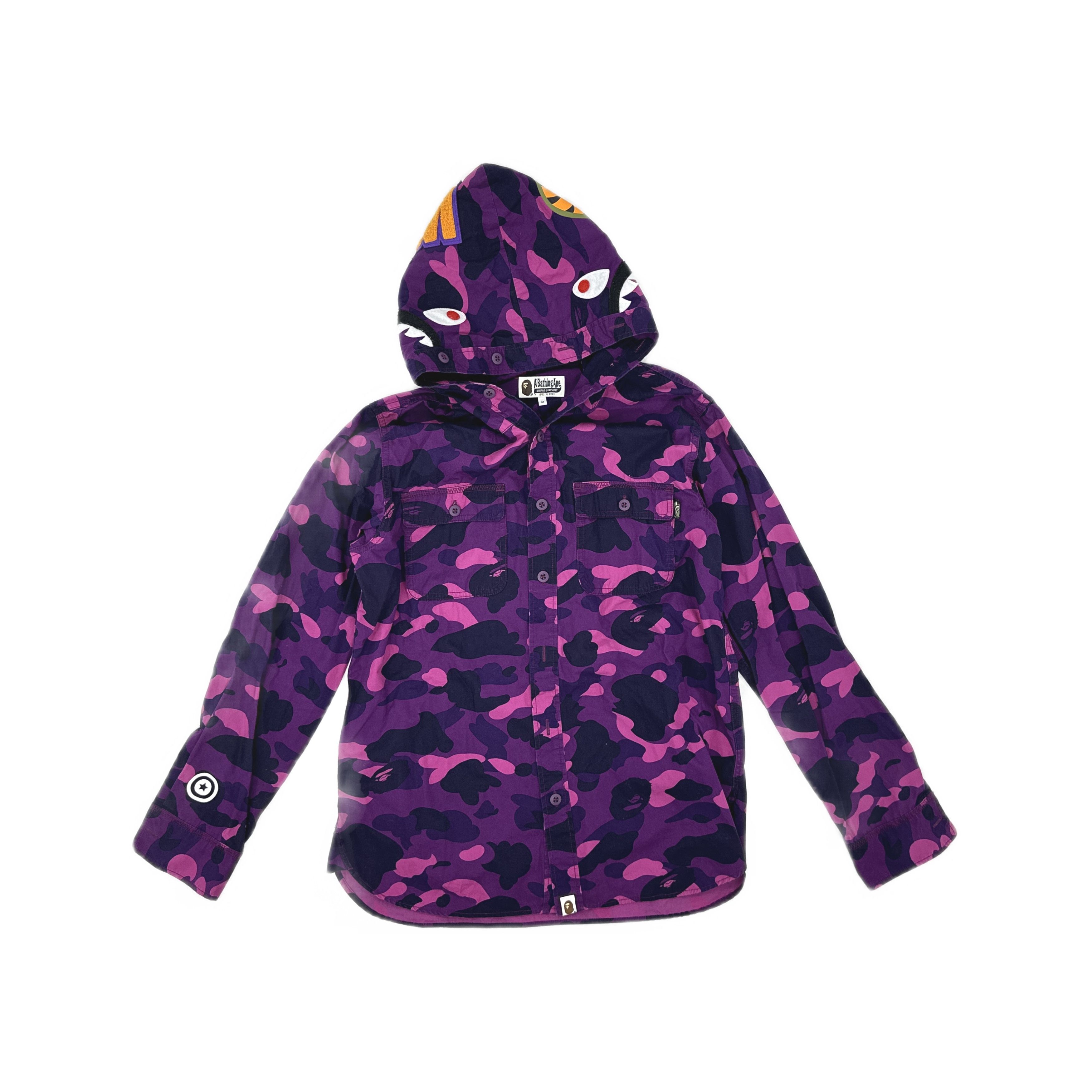 Bape A BATHING APE Purple Camo Shark Hooded Shirt Size M Size US M / EU 48-50 / 2 - 1 Thumbnail