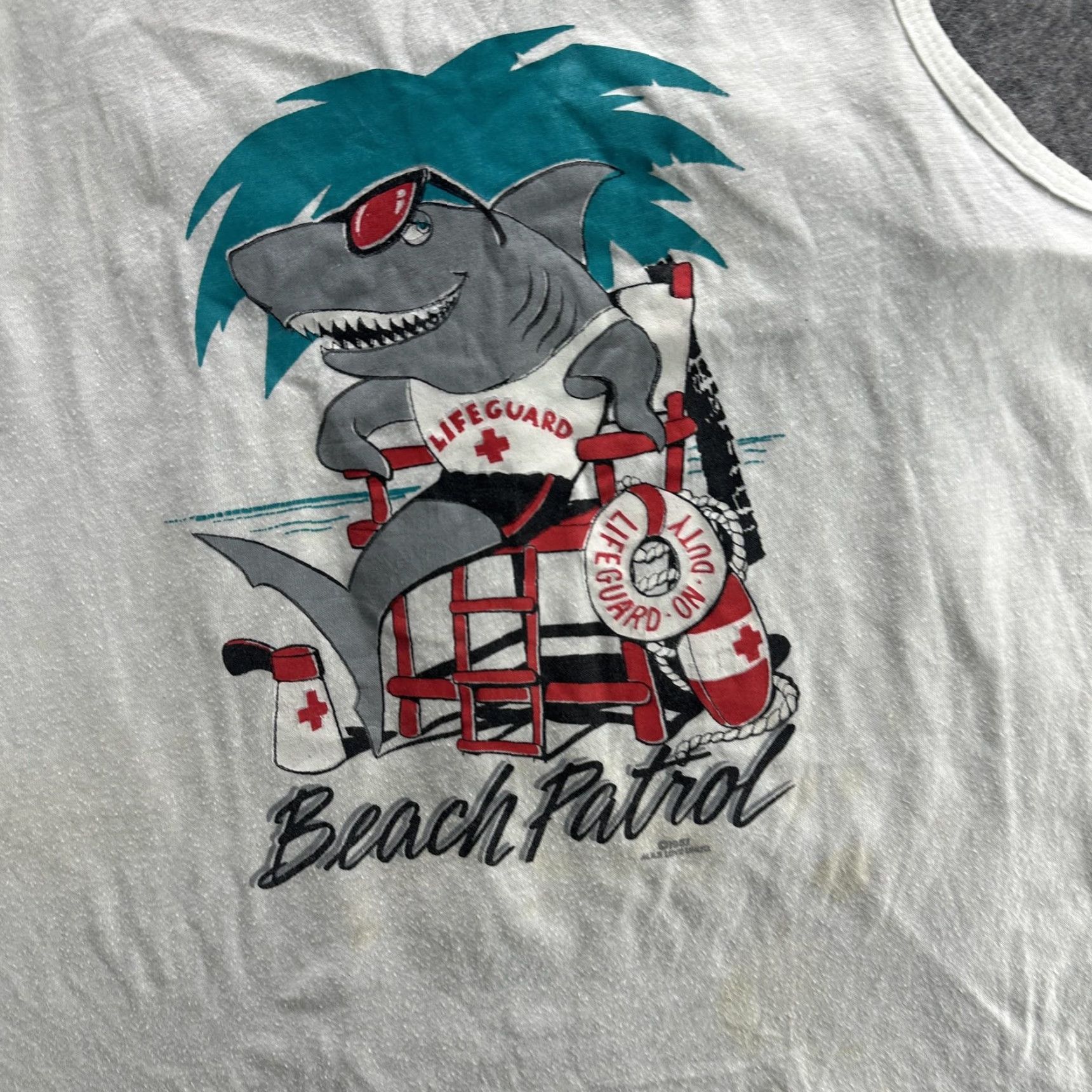 Vintage VINTAGE Beach Patrol Shirt Mens Medium White Shark Lifeguard Tank Top 90s Funny AllSport Crew Neck Sleeveless Graphic Print Beach Summer 1991 Mens Size US M / EU 48-50 / 2 - 4 Thumbnail