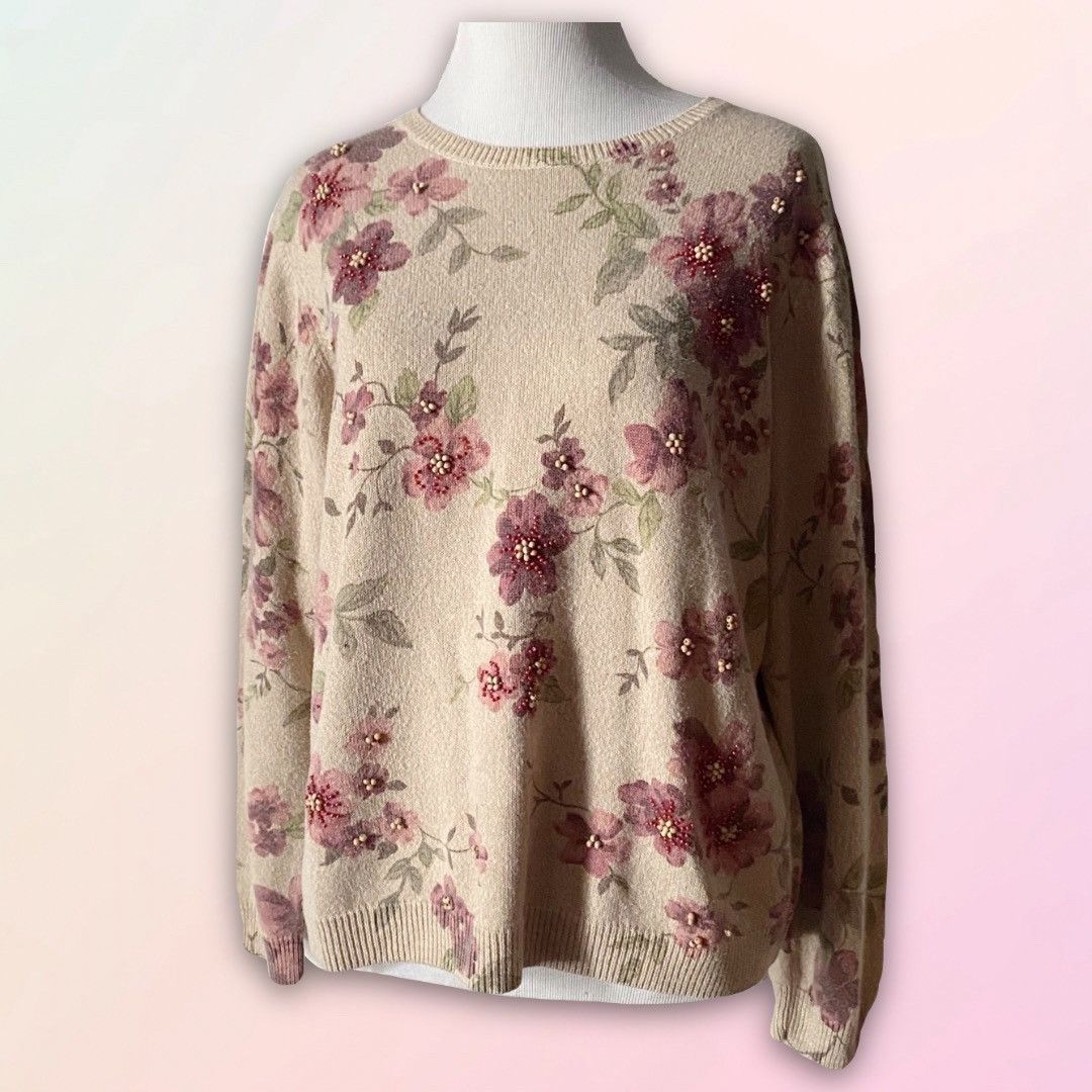 Vintage Vintage, Beige, Floral, Embellished, Pullover Sweatshirt Size S / US 4 / IT 40 - 1 Thumbnail