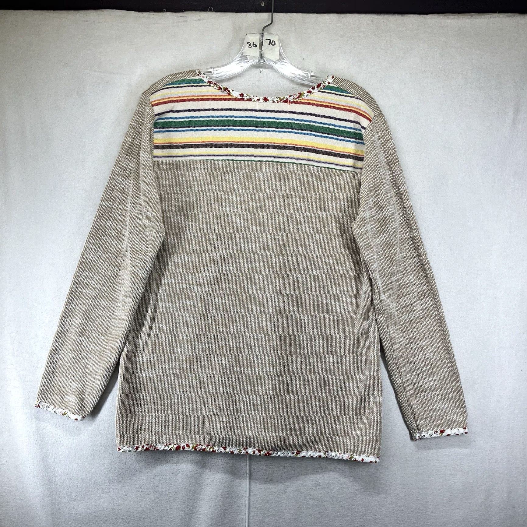 Vintage VINTAGE Women's Casual Knit Top Long Sleeve Medium Embroidered Flowers Hearts Stars Beige Cotton T-Shirt Bohemian Arts Size M / US 6-8 / IT 42-44 - 2 Thumbnail