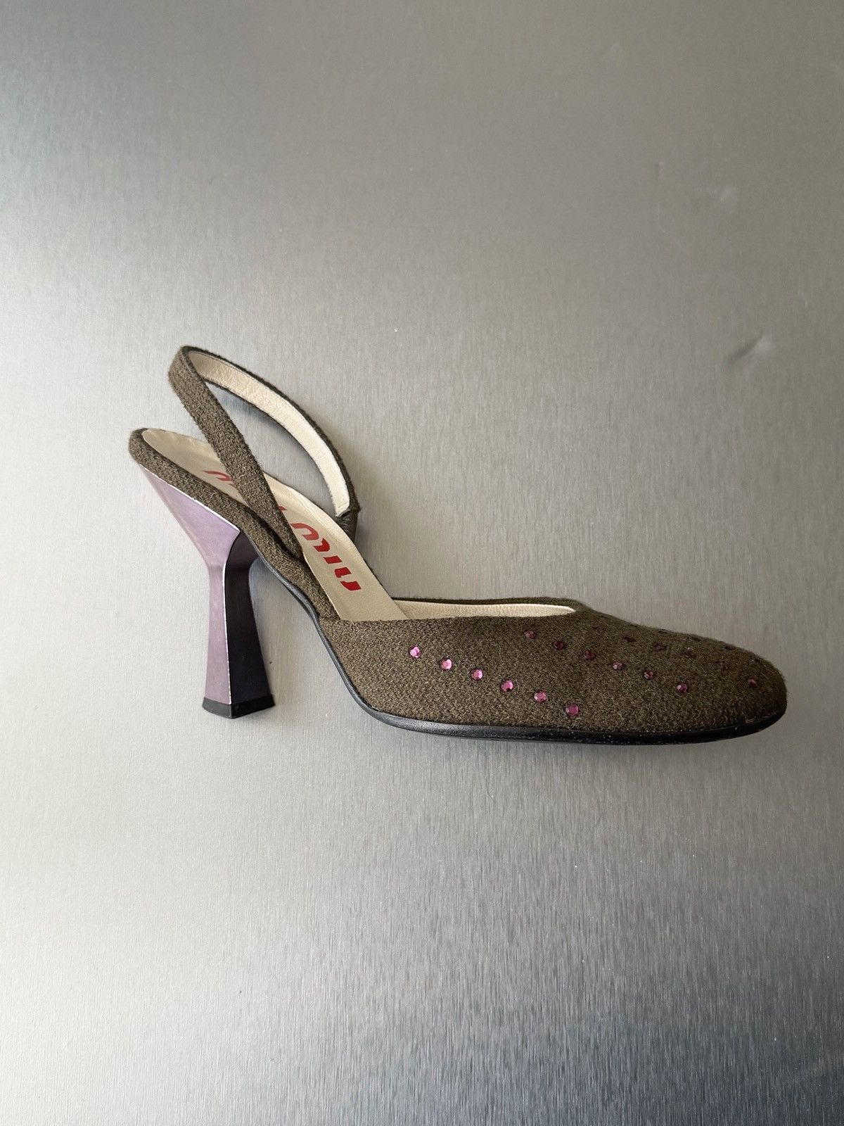 Miu Miu miu miu s/s 1998 olive tweed with pink crystals heels Size US 7.5 / IT 37.5 - 3 Thumbnail