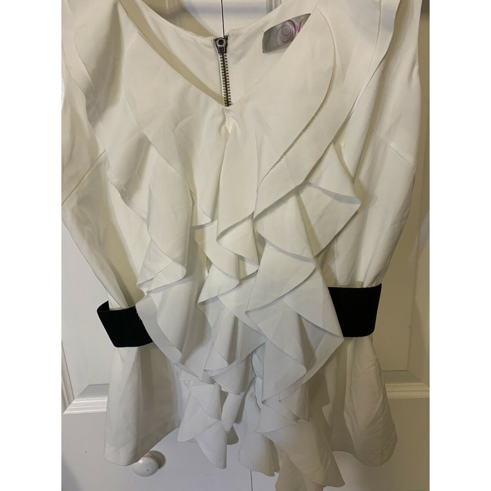 Other Myan Womens Sz M White Black Full Zip Ruffles Front Sleevel Size M / US 6-8 / IT 42-44 - 5 Thumbnail