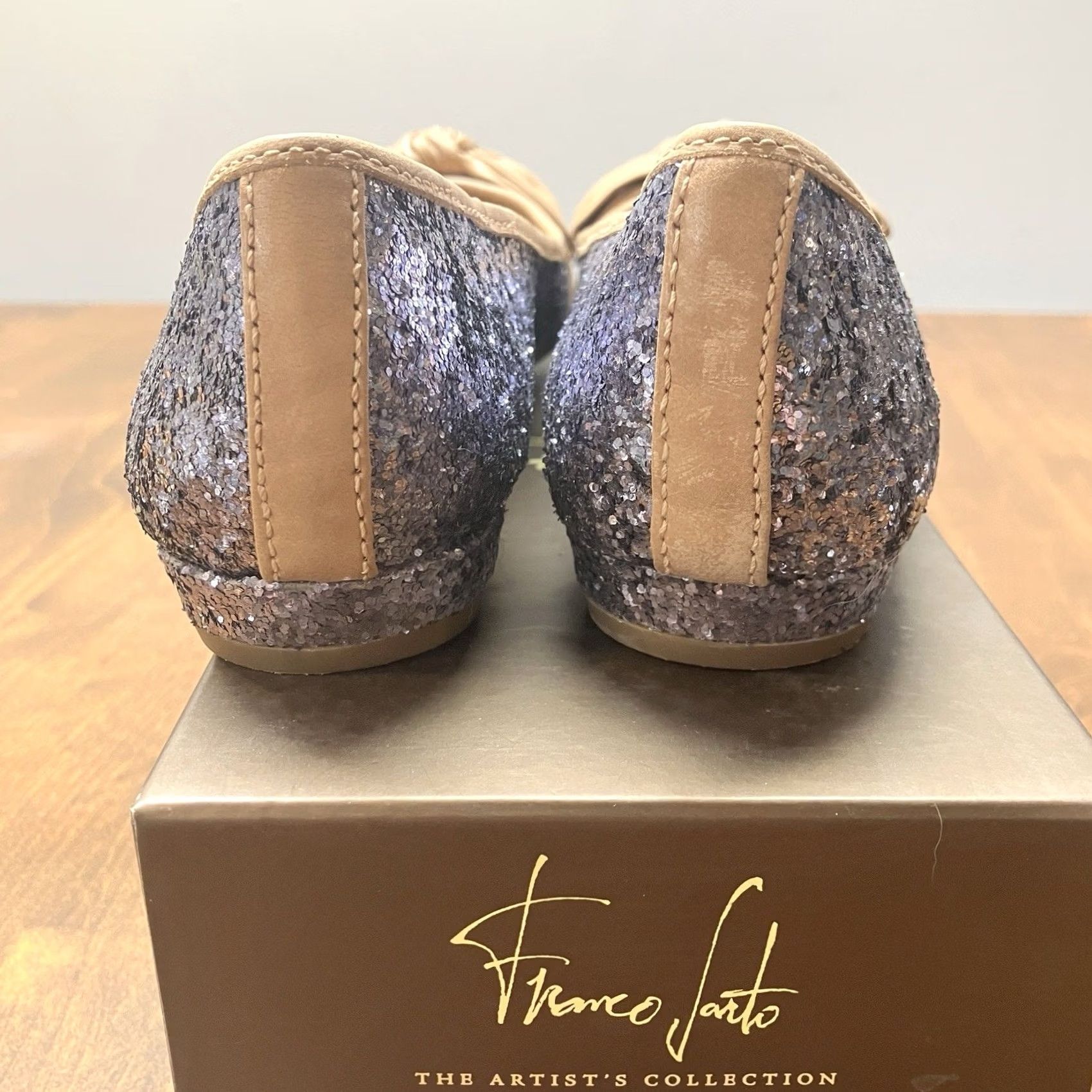 Franco Sarto Franco Sarto Glitter Ballet Flat Leather Bow Silver Pewter Slip On 8 Women Flats, M, Round Toe, Silver Glitter, Artisan Collection Size US 8 / IT 38 - 5 Thumbnail