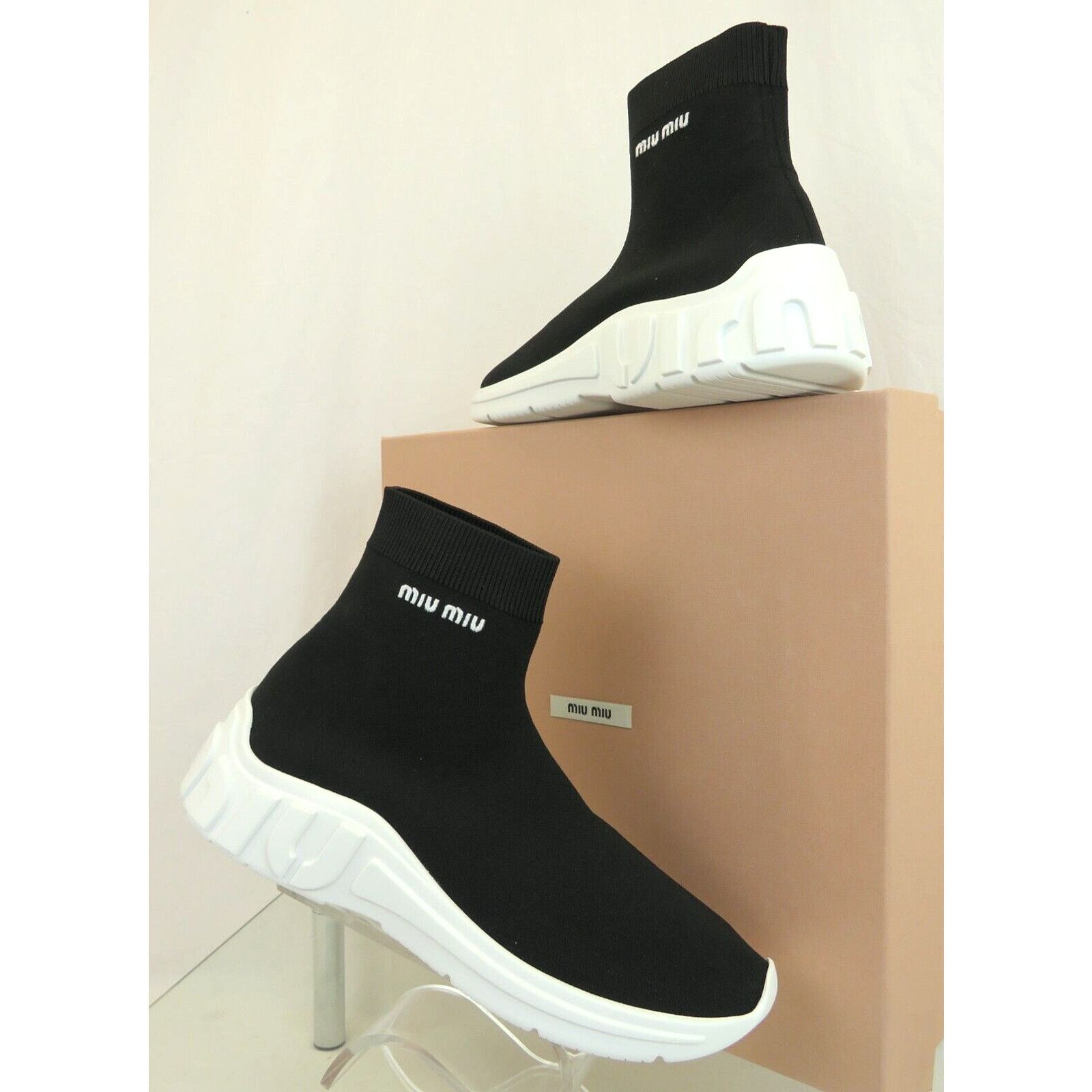 5T664C BLACK KNIT WHITE LOGO PULL ON HIGH SOCK SNEAKERS 41