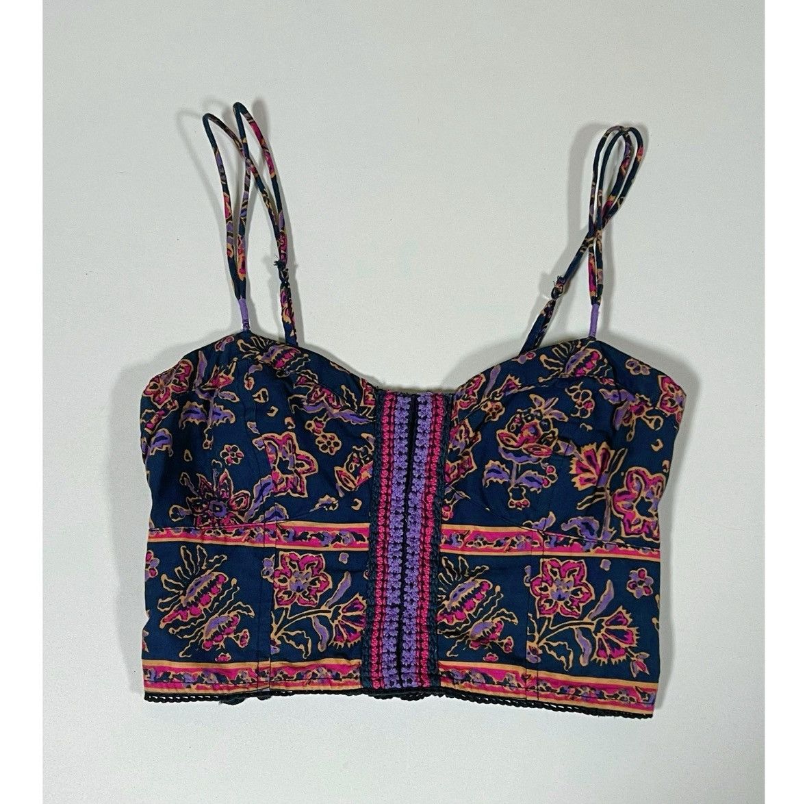 American Eagle Outfitters Navy Blue Floral Boho Bohemian Crop Top Shirt Blouse XS 🌺✨ Size XS / US 0-2 / IT 36-38 - 2 Thumbnail
