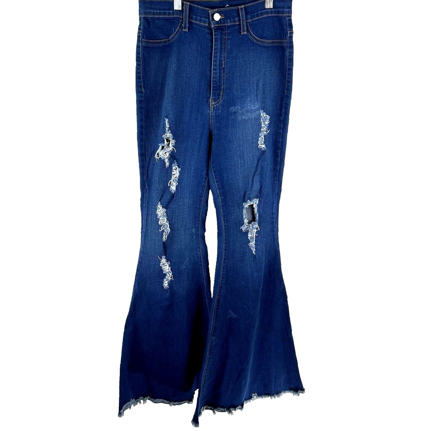 Denime Vibrant Jeans Flared Distressed Denim 30X34 Blue Womens Size 13 (30) 5-Pocket High Rise Flare 80s 90s Bohemian Hipster College Festival) Mens Womens Size 34" / US 12 / IT 48 - 2 Thumbnail