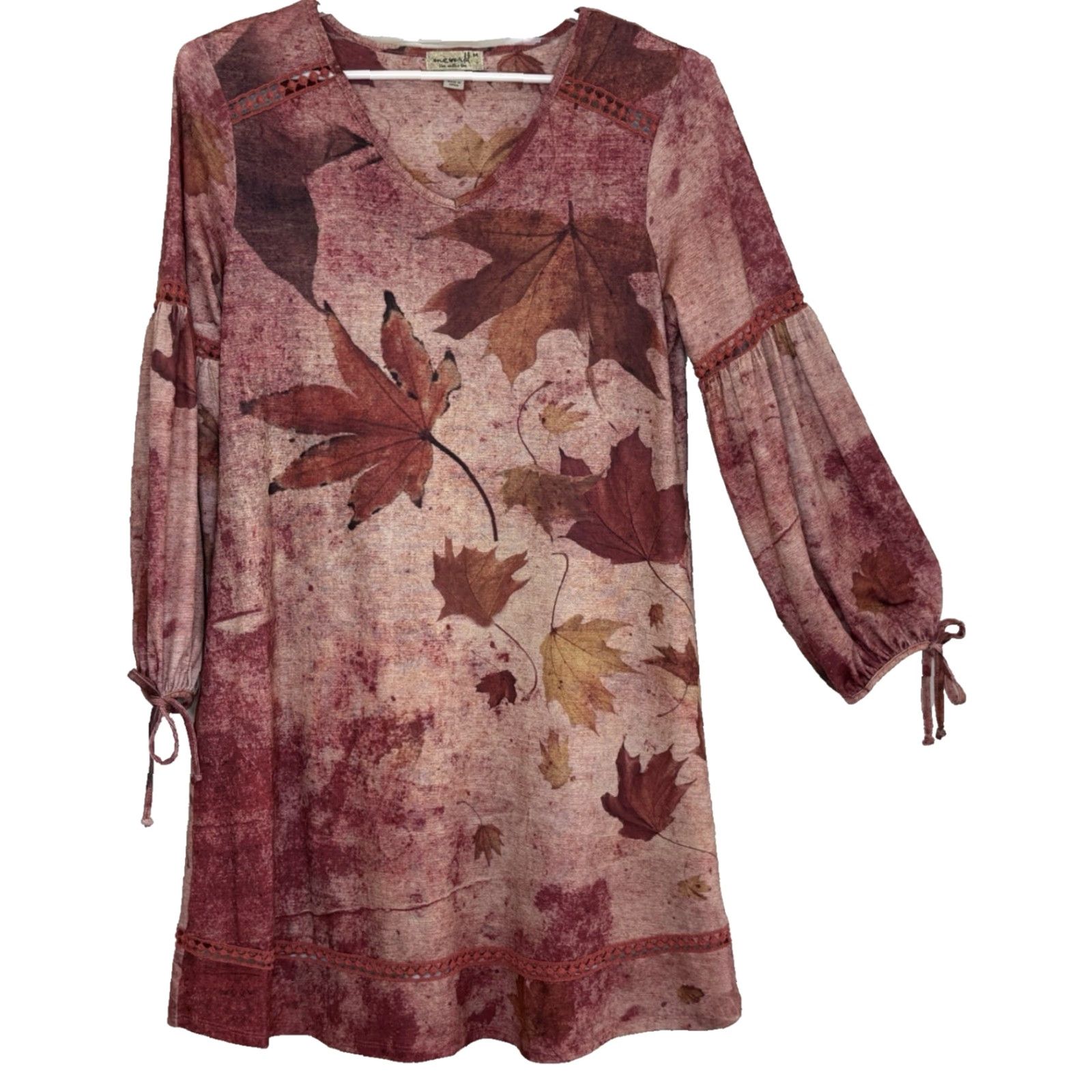 Vintage VINTAGE One World Charming Art Tunic Shift Dress Womens Medium Rust Leaf Print V-Neck Long Balloon Sleeve Crochet Detail Stretch Size M / US 6-8 / IT 42-44 - 2 Thumbnail
