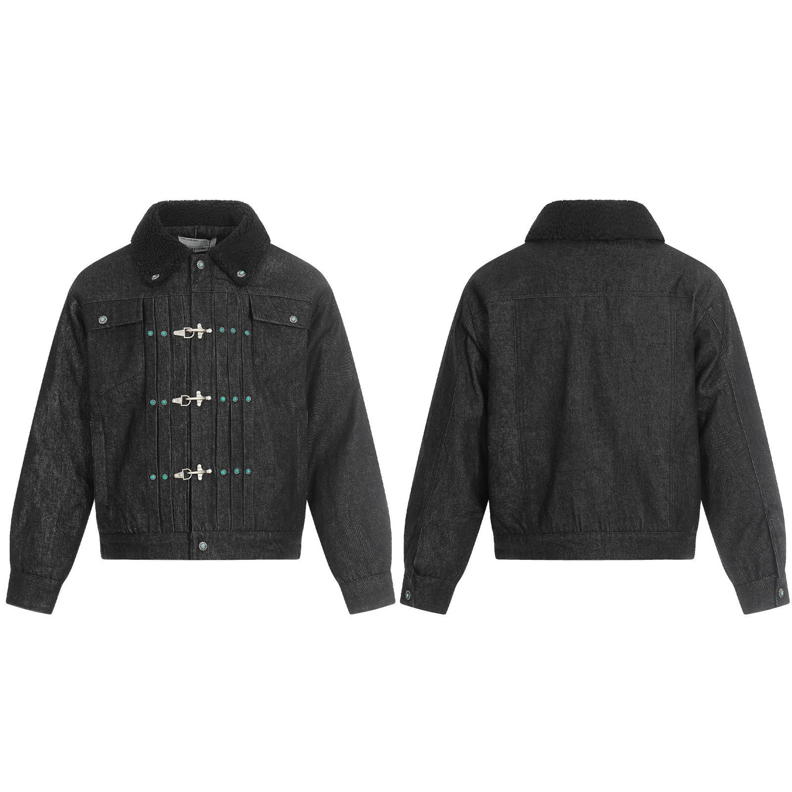 Black Sherpa-Lined Fireman Clasp Denim Jacket