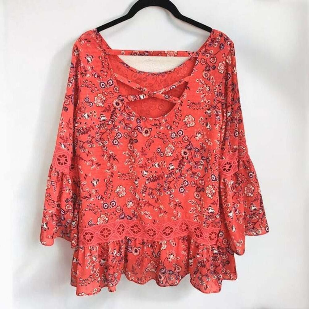 Designer Floral Bell Sleeve Blouse - Vibrant Coral Size S / US 4 / IT 40 - 2 Thumbnail