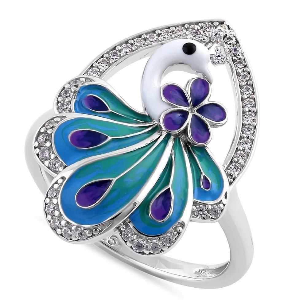 Other Sterling Silver Hand-Painted Multi-Colored Peacock Ring Size ONE SIZE - 1 Thumbnail