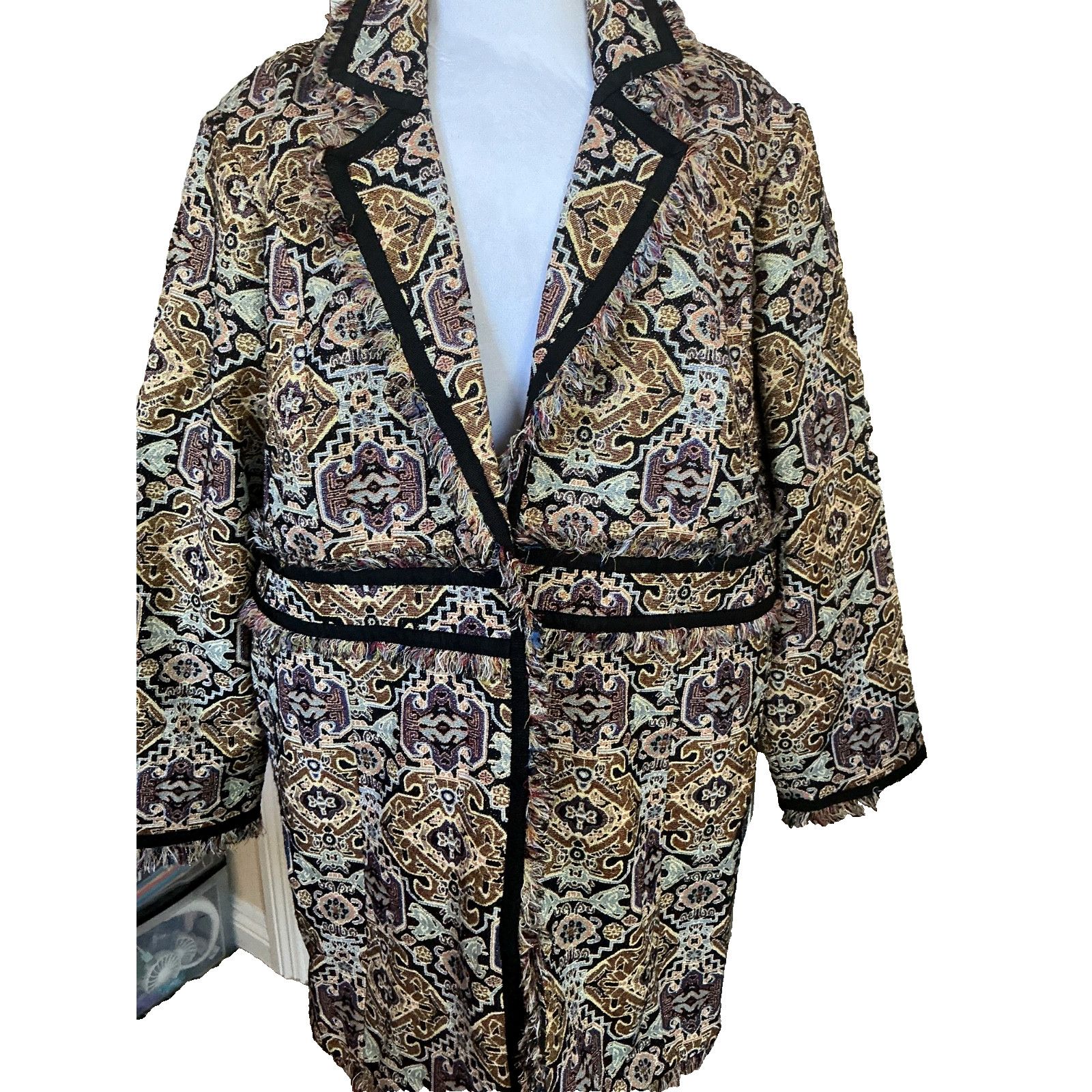 Chicos CHICO'S GOLD METALLIC JACQUARD BROCADE FRAYED HEM MIDI COAT Size XL / US 12-14 / IT 48-50 - 4 Thumbnail