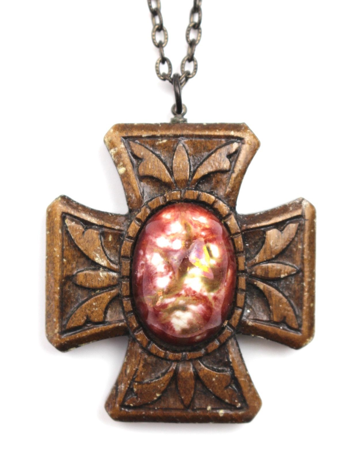 2000S JAPANESE HANDCARVED WOOD GEM CROSS NECKLACE