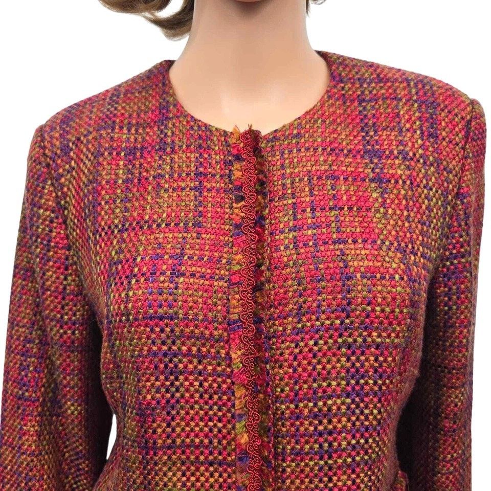 Vintage Madison Studio Tweed Boucle Blazer Jacket 12 Red Snap button Size M / US 6-8 / IT 42-44 - 4 Thumbnail