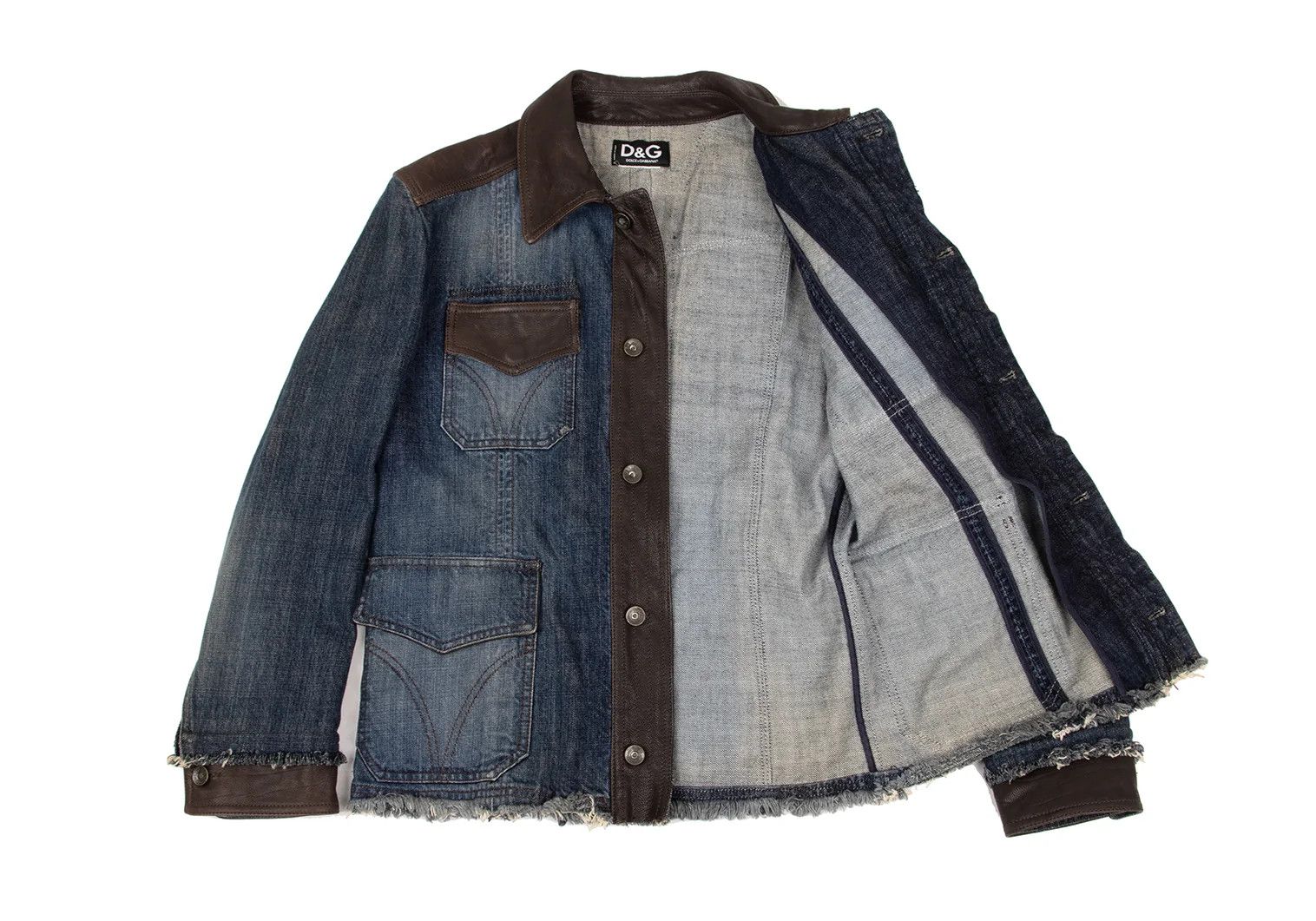 Dolce & Gabbana Cut Design Leather-Trim Denim Jacket Indigo Size M Size US M / EU 48-50 / 2 - 12 Thumbnail