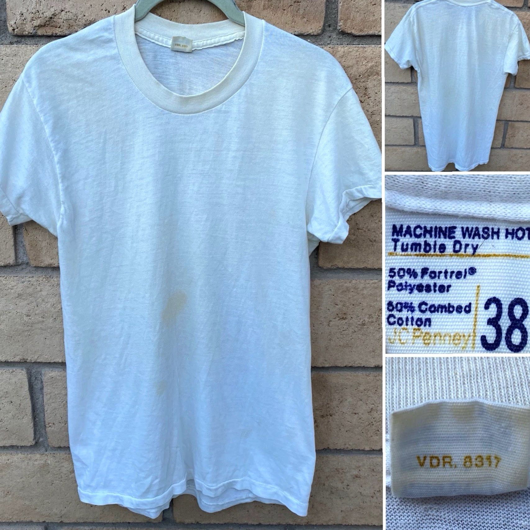 JCPenney VINTAGE JCPenney Blank White T-Shirt 38 USA 50/50 Fortrel Cotton Poly Short Sleeve Men's Shirt 1970s Rockabilly White fits Men Size US M / EU 48-50 / 2 - 7 Thumbnail