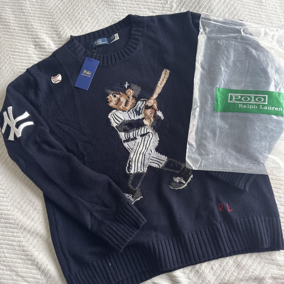 RARE Polo Bear Yankees Baseball Sweater Navy L & M Wool