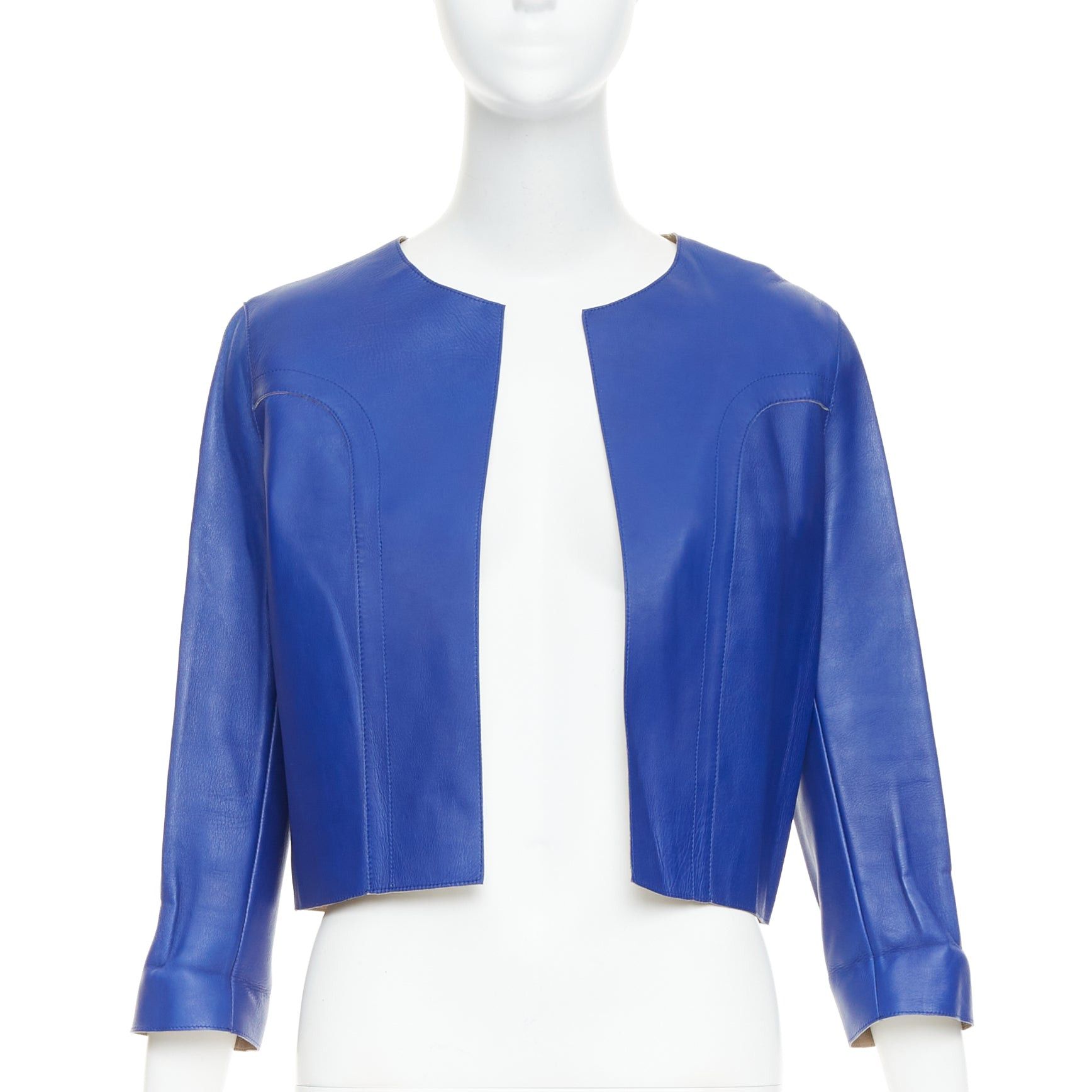 Marni MARNI cobalt blue beige lined lamb leather rounded sleeve cropped jacket IT38 XS Size XS / US 0-2 / IT 36-38 - 1 Thumbnail