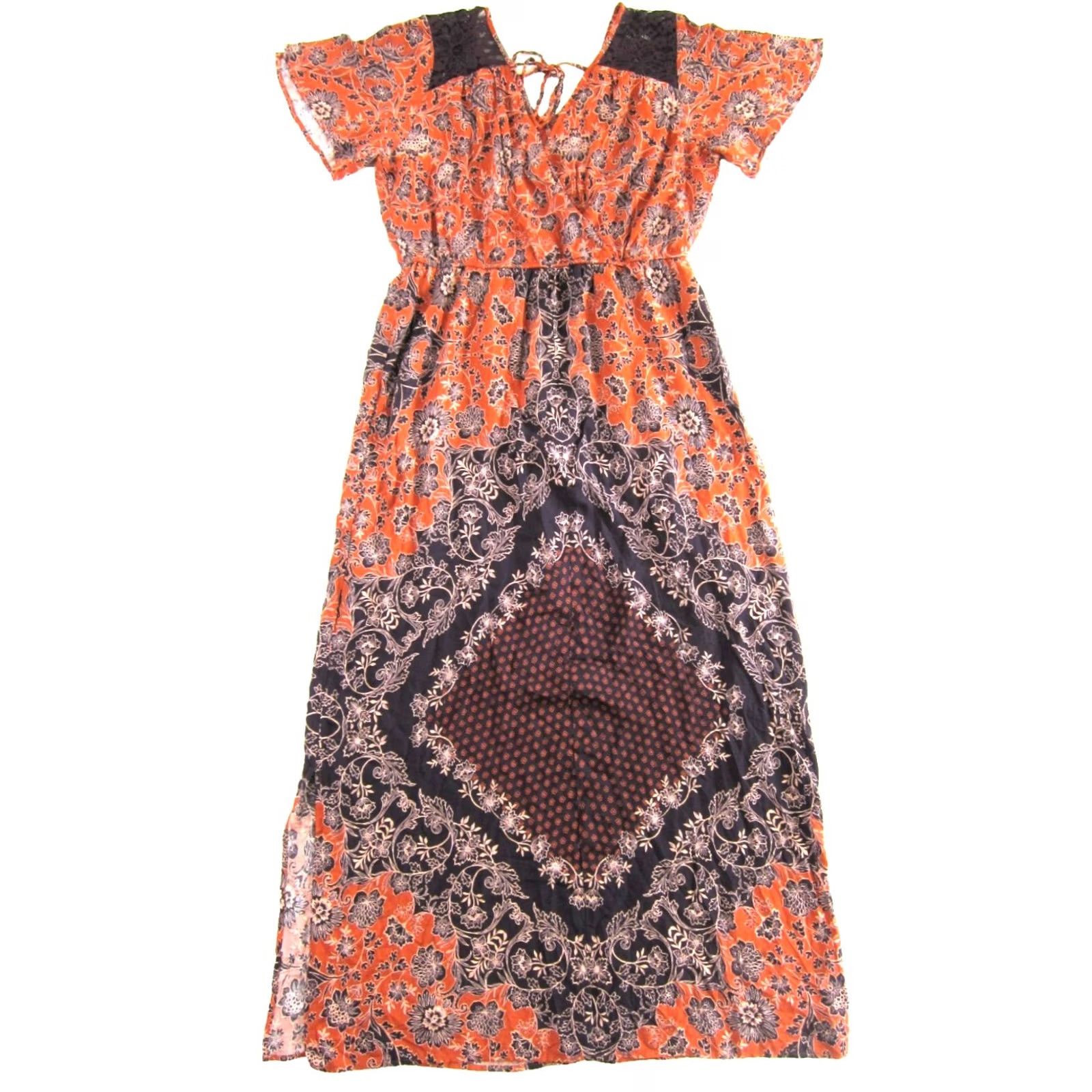 Vintage Maurices Rayon Orange Floral V-Neck Short Sleeve Empire Waist Long Maxi Dress L Size 36" / US 14 / IT 50 - 2 Thumbnail