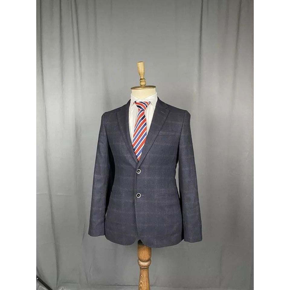 Ted Baker MINT! Ted Baker Men's Blue Wool Checked Blazer Sportcoat Jac Size 48R - 4 Thumbnail