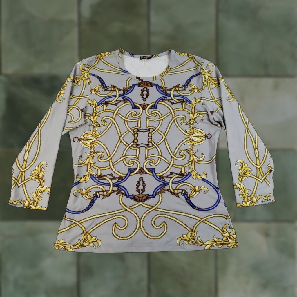 J.McLaughlin J. McLaughlin Shirt Womens Small Gray Gold Baroque Scroll Print Stretch Top Crew Neck Long Sleeve Regular Fit Womens Size S / US 4 / IT 40 - 1 Thumbnail