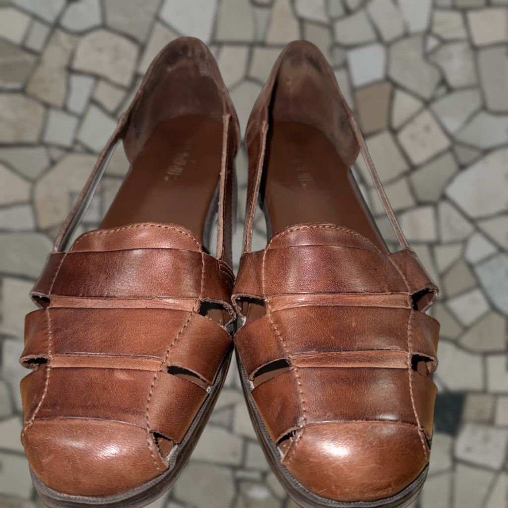 Vintage Connie Brown Leather Slip-On Sandals Size 7 Womens Espadrille Low Heel Shoes