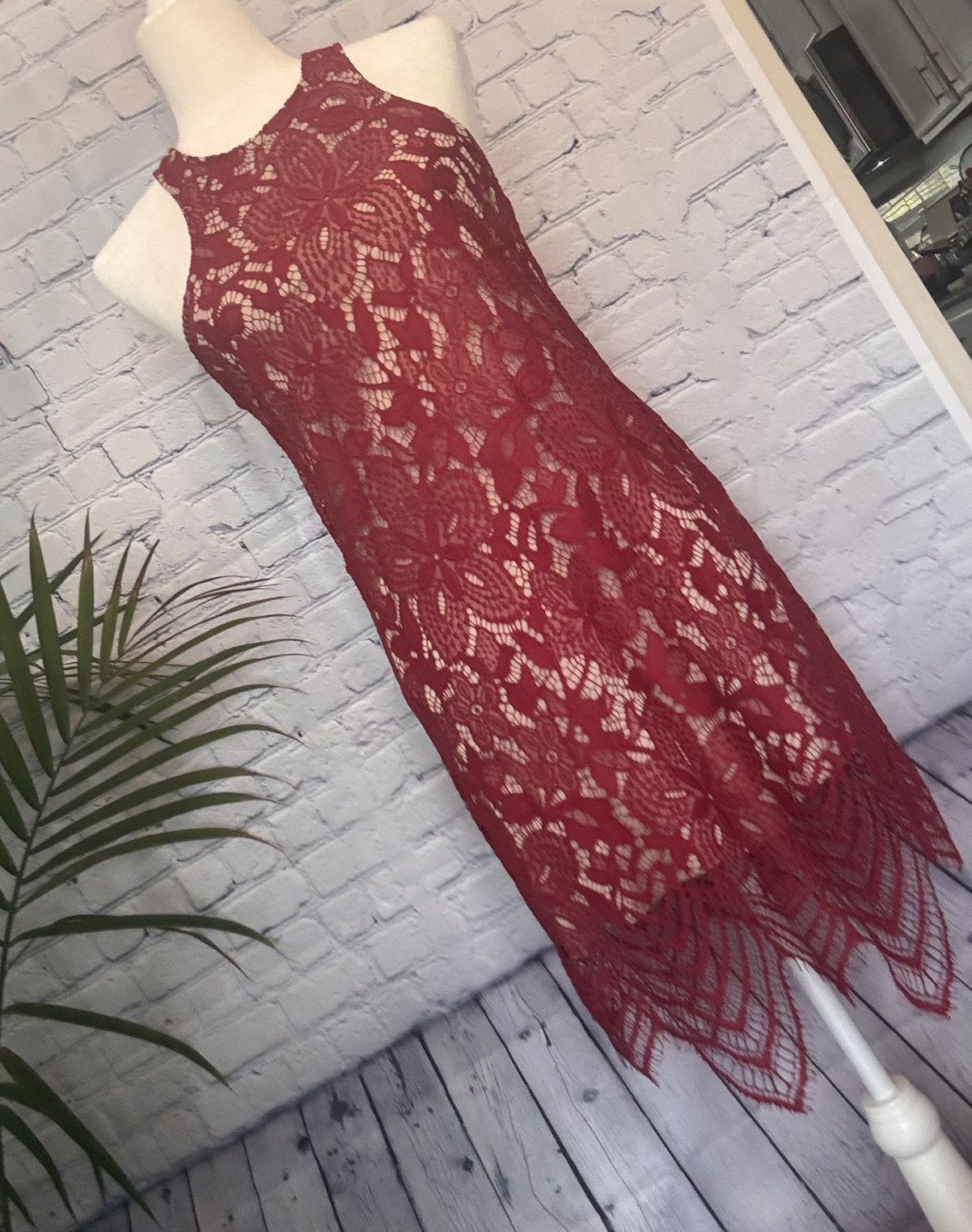 Express Express Red Lace Dress with tan underlay Size S / US 4 / IT 40 - 2 Thumbnail