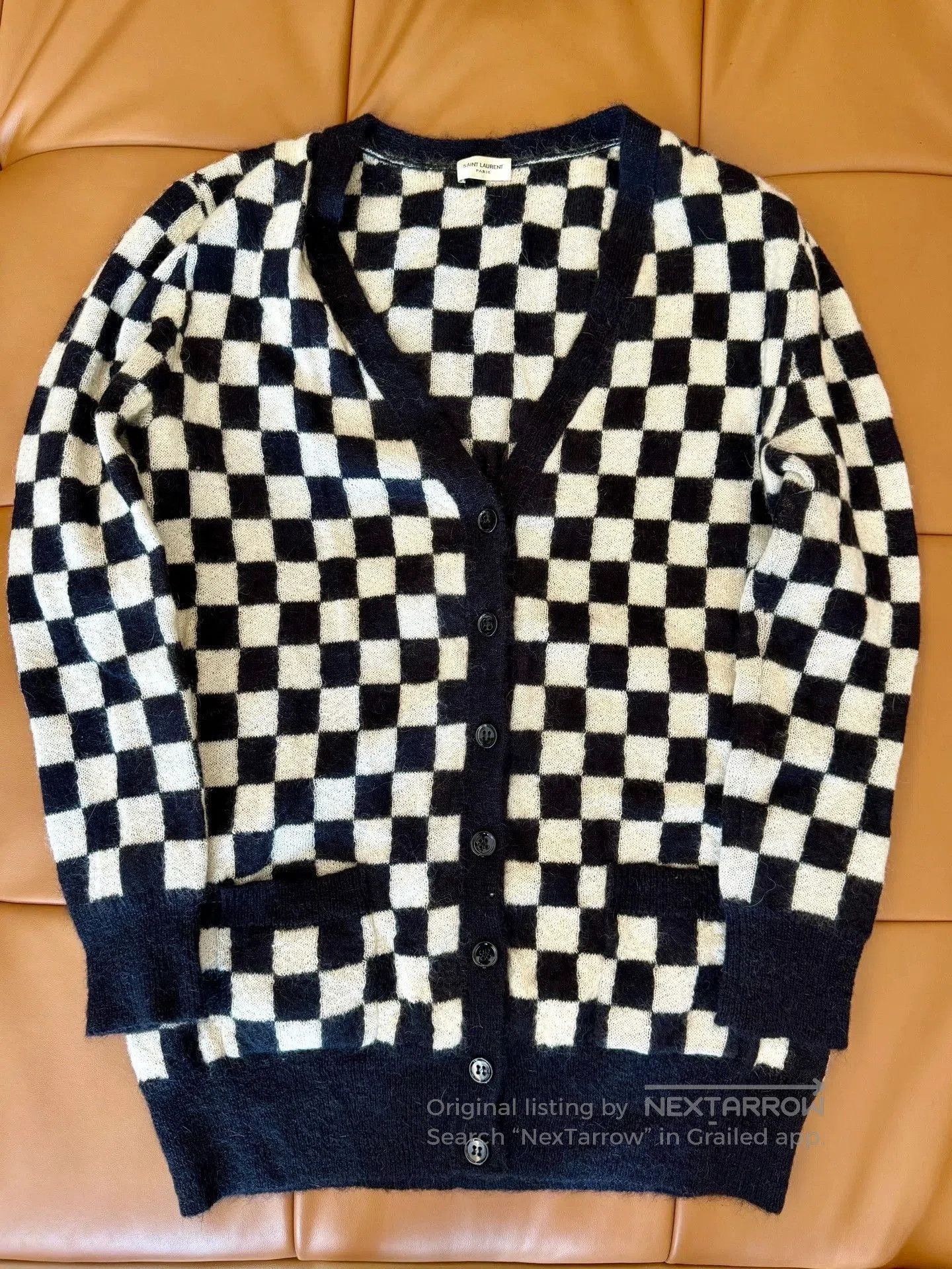 Saint Laurent Paris Checkered Open-Front Knit Cardigan. Size US M / EU 48-50 / 2 - 7 Thumbnail