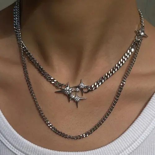 VIBE Shiny Crystal Star Chains Tassel Layered Choker Necklaces Size ONE SIZE - 1 Thumbnail