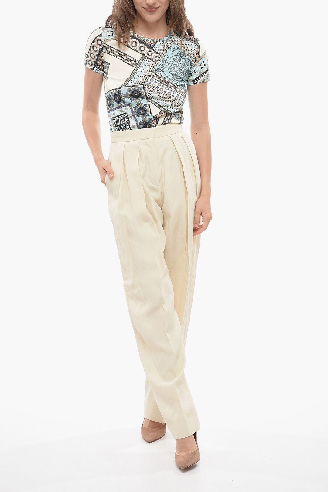 Stella McCartney og1mm0824 Double-Pleated Flax Blend Palazzo Pant in Ivory Size 27" / US 4 / IT 40 - 4 Thumbnail