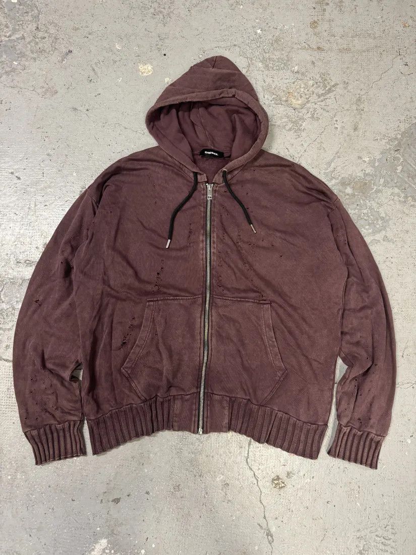 Diesel × Vintage Diesel Bordeaux Destroyed Zip-Up Hoodie Size US XL / EU 56 / 4 - 1 Thumbnail