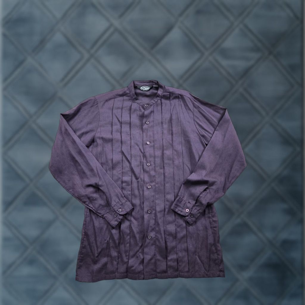 Vintage VINTAGE BonHomme Shirt Mens M Purple Band Collar Pleated Front Button-Up Solid Polyester Blend Size 40R - 1 Thumbnail