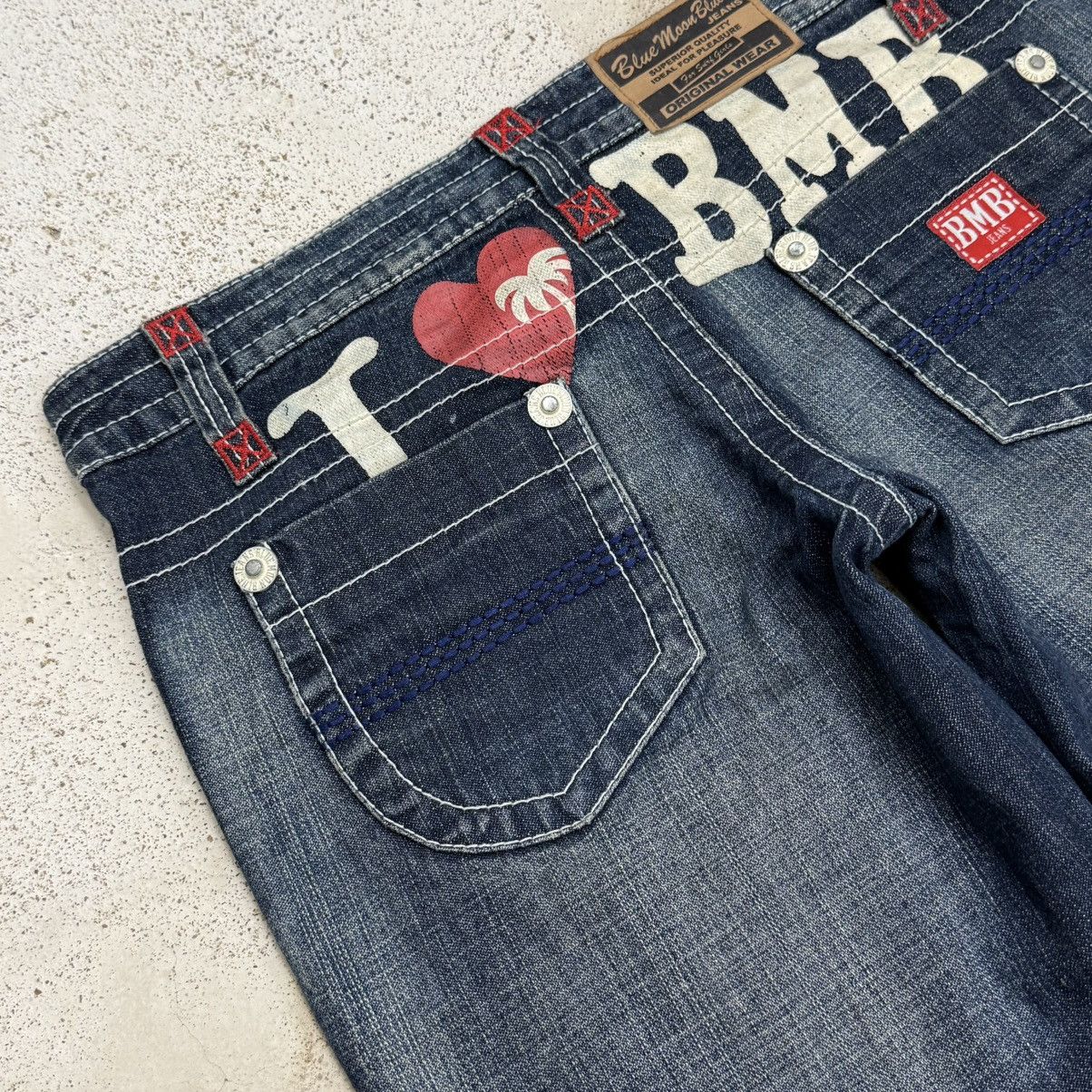 Japanese Brand Wide Leg Unisex Blue Moon Blue Whisker Printed Denim Pants Size US 29 - 13 Thumbnail