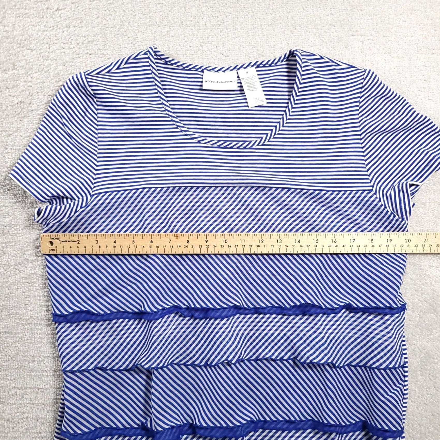 Vintage VINTAGE Alfred Dunner Womens Blue Shirt Striped Short Sleeve Stretch Scoop Neck Ruffled Size M / US 6-8 / IT 42-44 - 3 Thumbnail