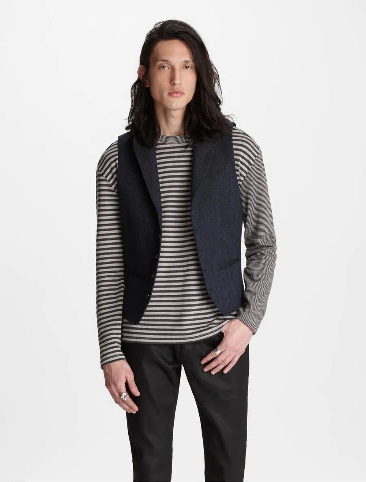 image of John Varvatos Denim Peak Lapel Vest. 48 in Blue, Men's (Size Medium)