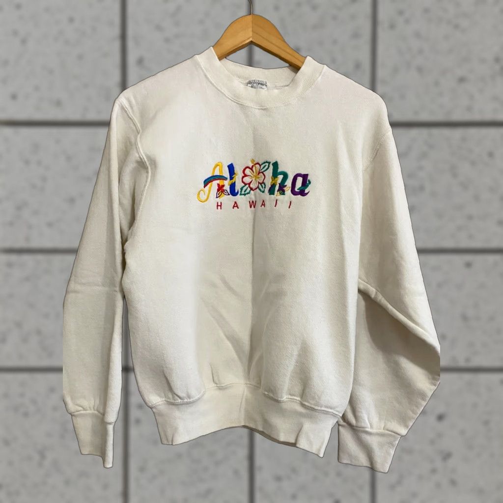 Fruit Of The Loom VINTAGE Fruit of the Loom Aloha Hawaii Sweatshirt White Small 90s 1990s Mens Crew Neck Pullover Cotton Blend Heavy Size US S / EU 44-46 / 1 - 1 Thumbnail