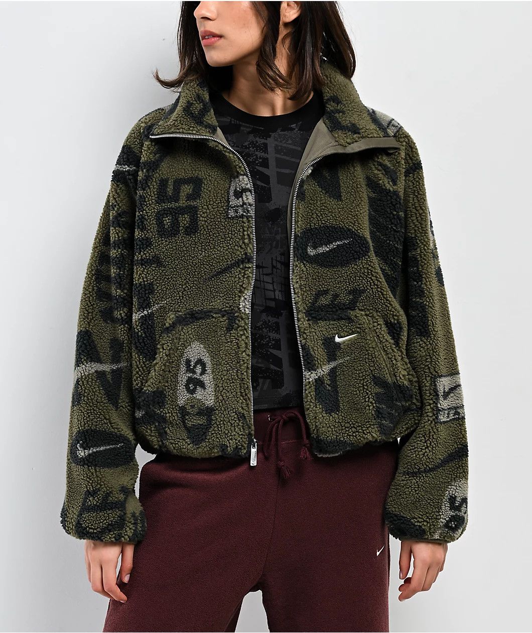 Nike Nike Fleece Olive Sherpa Crop Jacket Size XL / US 12-14 / IT 48-50 - 1 Thumbnail