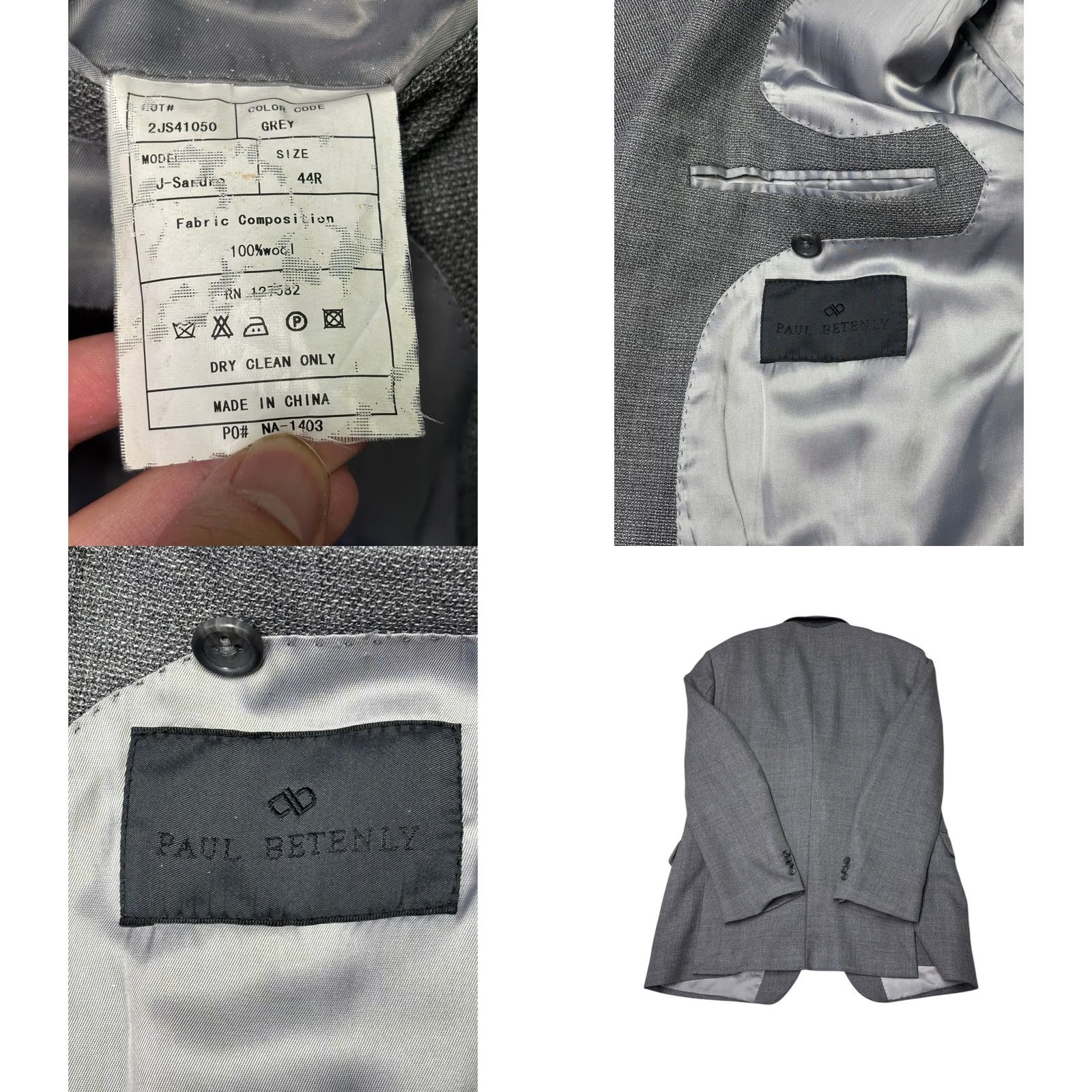 Vintage Paul Betenly Men's Grey Wool Blend Suit Jacket Blazer Size 44R Size 44R - 8 Thumbnail