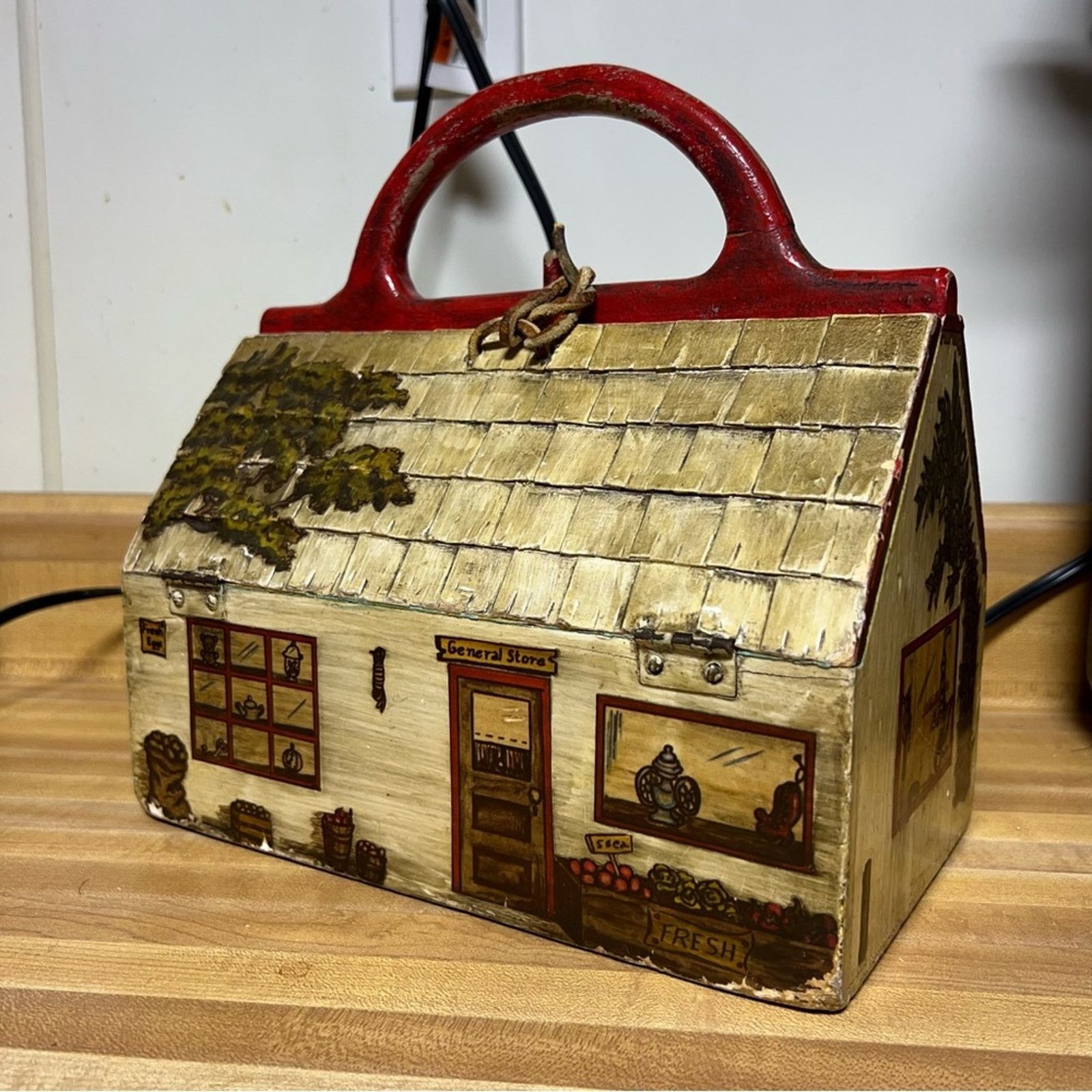 Vintage 60S Wood Box Purse General Store Cottage Scene Red And Beige, Women's