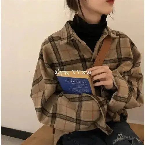 Japanese Brand Vintage Plaid Shirts Women Autumn Long Size ONE SIZE - 4 Thumbnail