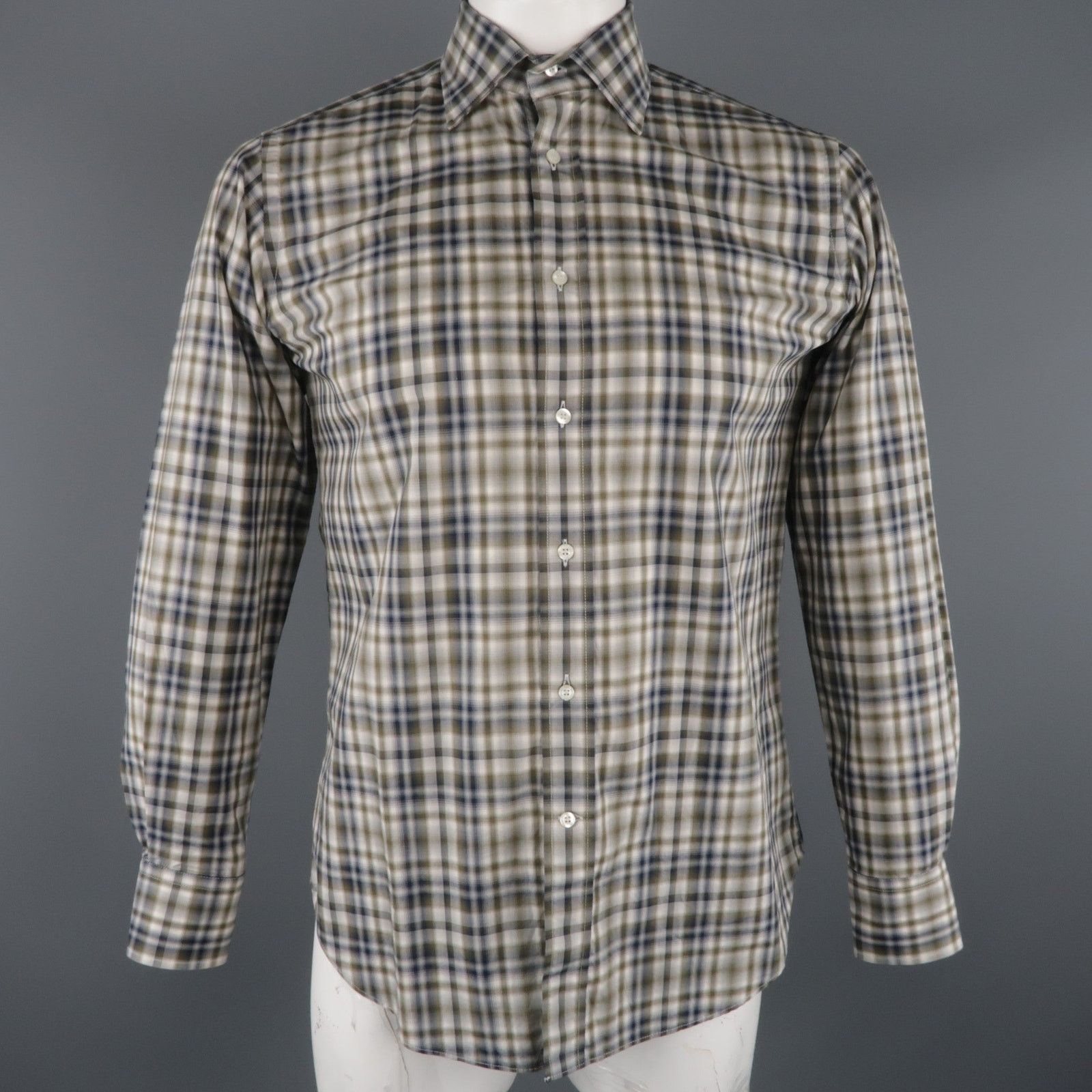 Etro ETRO Size S Olive & Navy Plaid Button Up Long Sleeve Shirt Size US S / EU 44-46 / 1 - 1 Thumbnail
