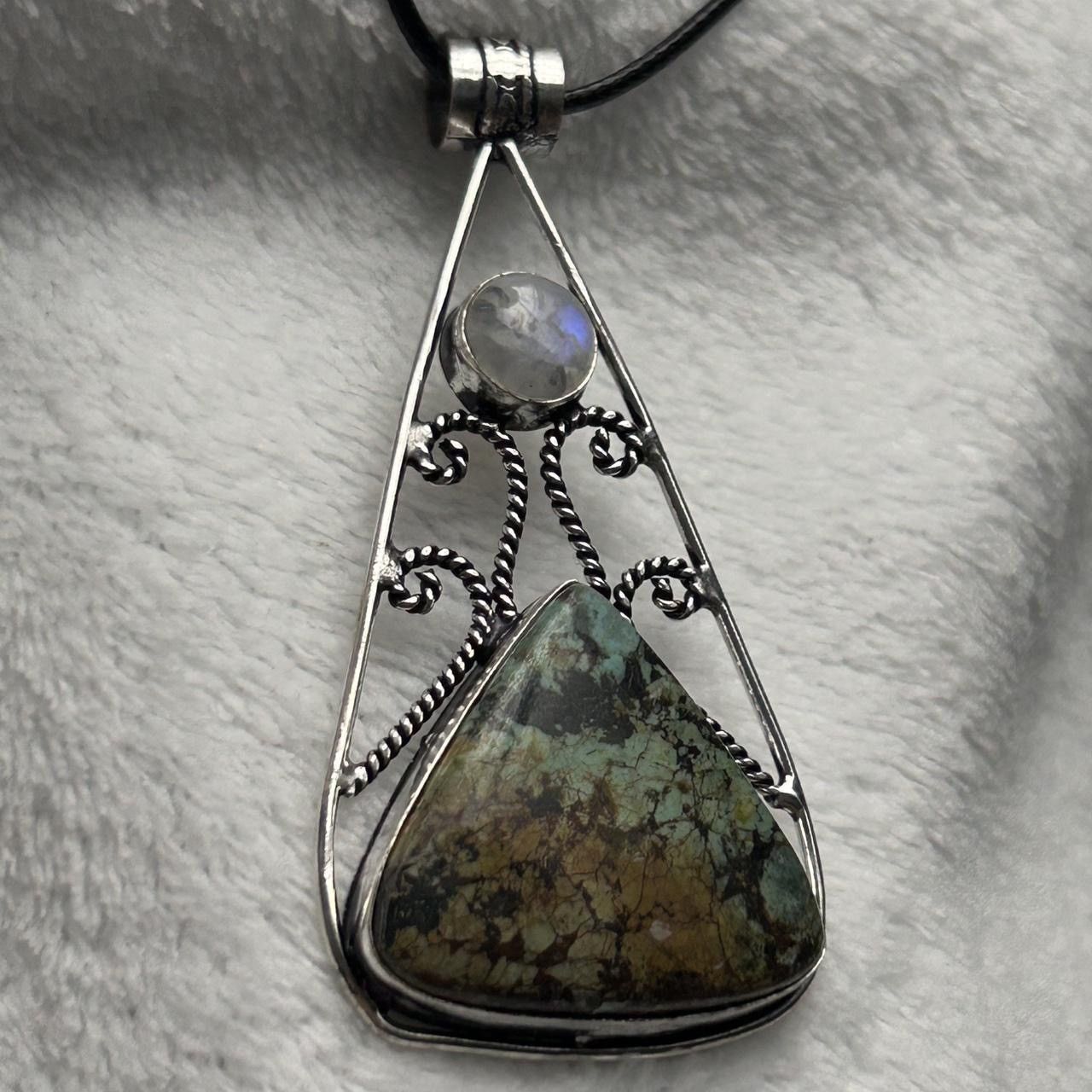 Vintage African Turquoise & Rainbow moonstone Silver Plated Pendant Size ONE SIZE - 2 Thumbnail