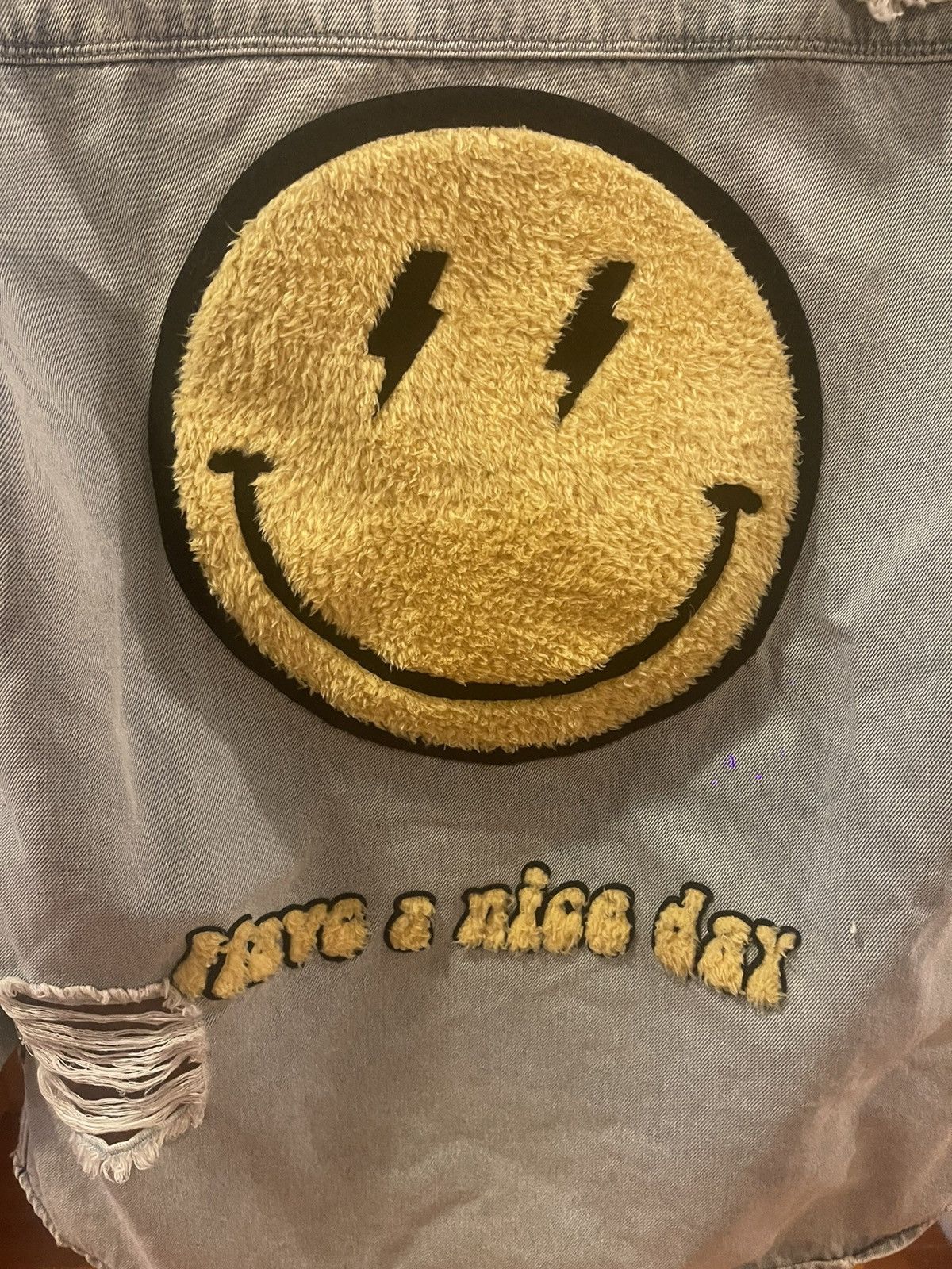 Other Distressed Light-Wash Denim Jacket w/ Smiley Face Embroidery Size US L / EU 52-54 / 3 - 4 Thumbnail